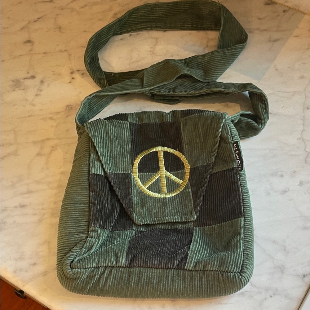 Green Corduroy Crossbody Bag with Peace Sign with hidden pocket in strap
